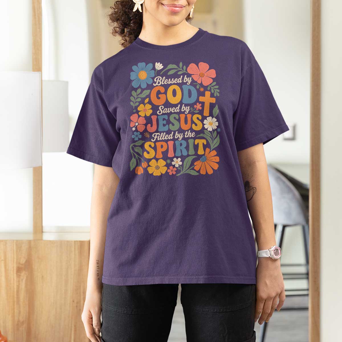 Boho Floral Christian T Shirt For Women Blessed Saved By Jesus Cross Flower