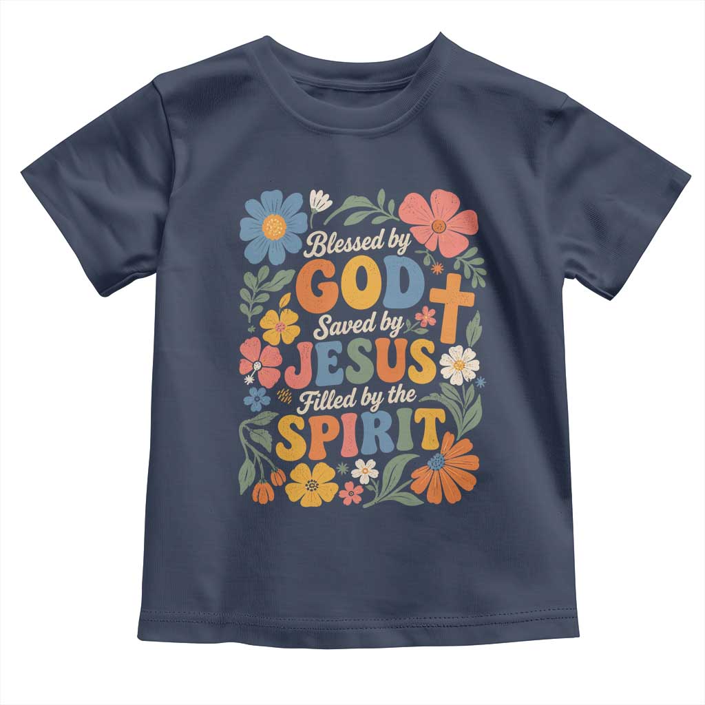 Boho Floral Christian Toddler T Shirt Blessed Saved By Jesus Cross Flower