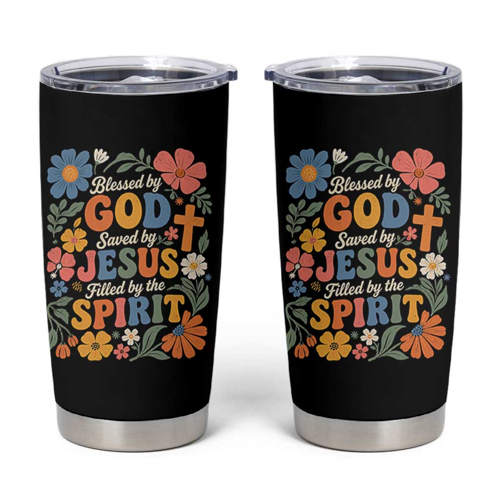 Boho Floral Christian Tumbler Cup Blessed Saved By Jesus Cross Flower