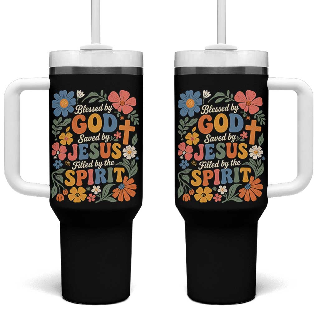 Boho Floral Christian Tumbler With Handle Blessed Saved By Jesus Cross Flower