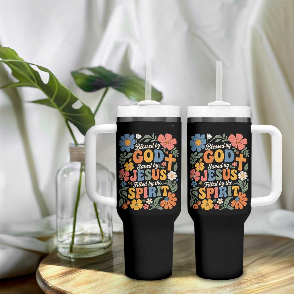 Boho Floral Christian Tumbler With Handle Blessed Saved By Jesus Cross Flower