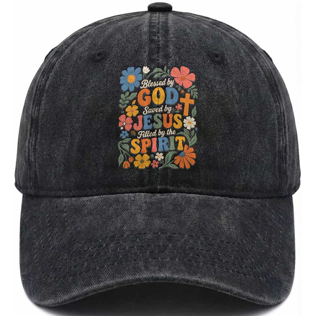 Boho Floral Christian Washed Cotton Baseball Cap Blessed Saved By Jesus Cross Flower