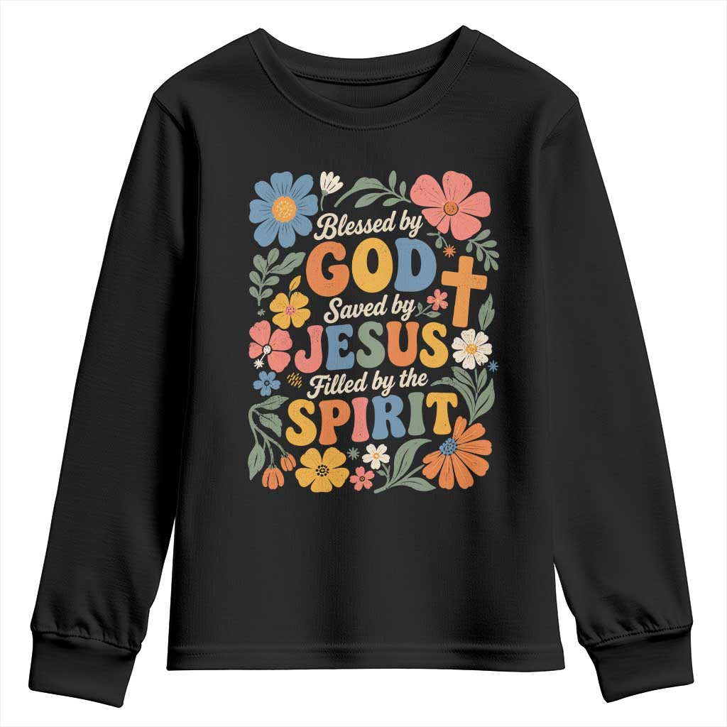 Boho Floral Christian Youth Sweatshirt Blessed Saved By Jesus Cross Flower