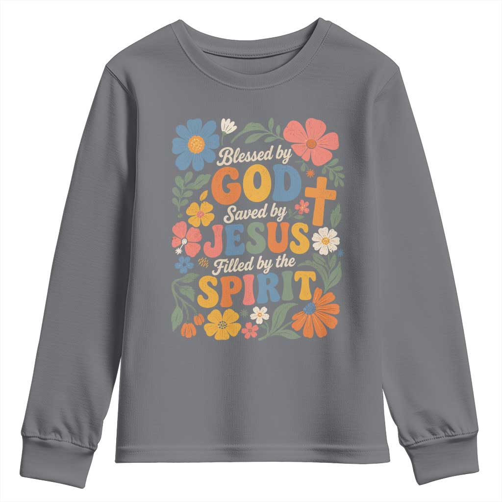 Boho Floral Christian Youth Sweatshirt Blessed Saved By Jesus Cross Flower