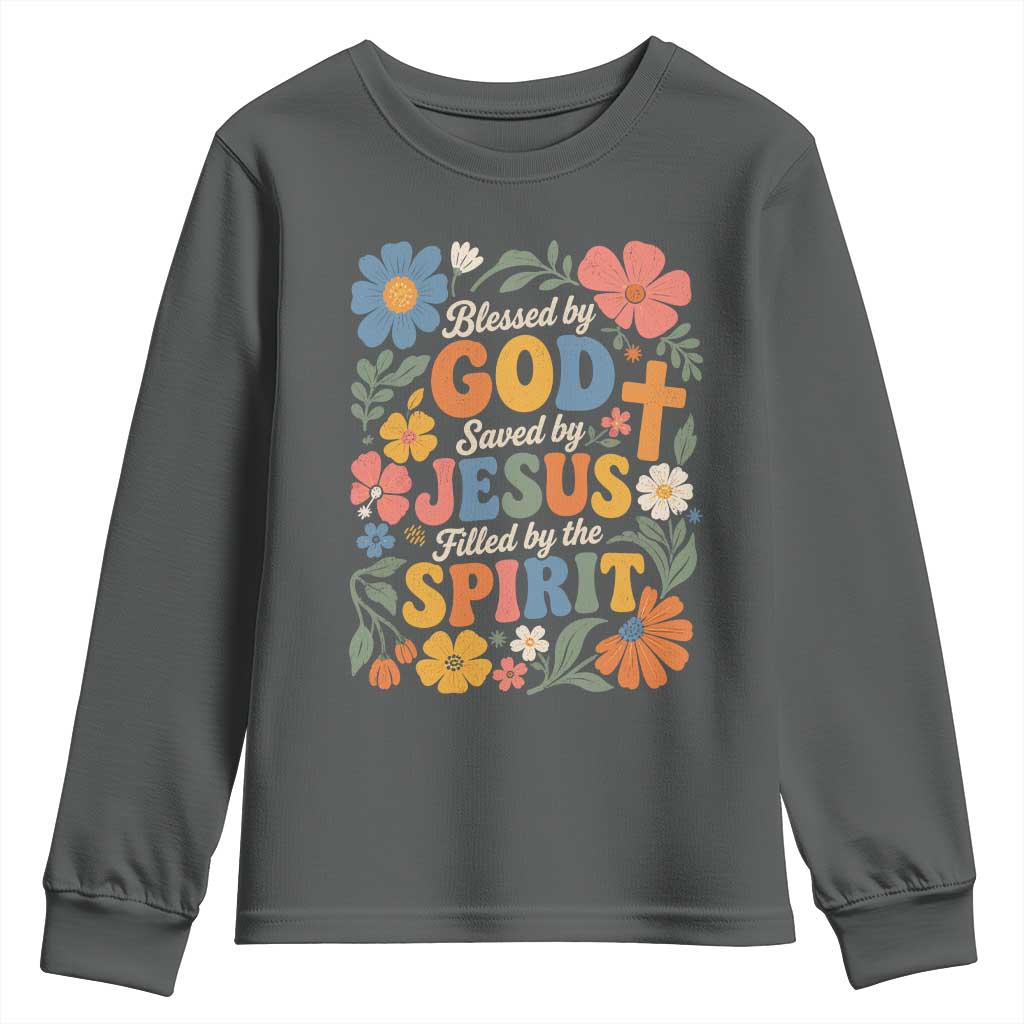 Boho Floral Christian Youth Sweatshirt Blessed Saved By Jesus Cross Flower
