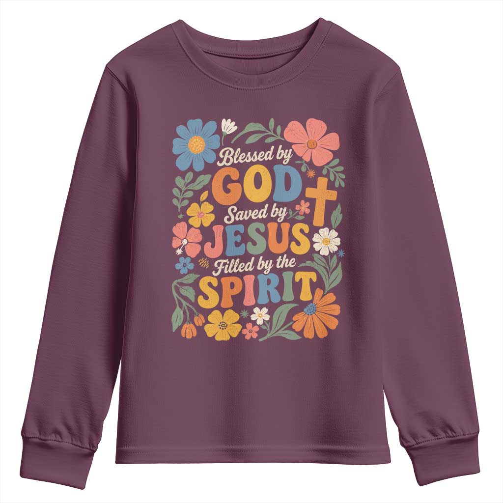 Boho Floral Christian Youth Sweatshirt Blessed Saved By Jesus Cross Flower