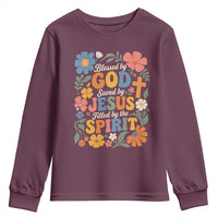 Boho Floral Christian Youth Sweatshirt Blessed Saved By Jesus Cross Flower