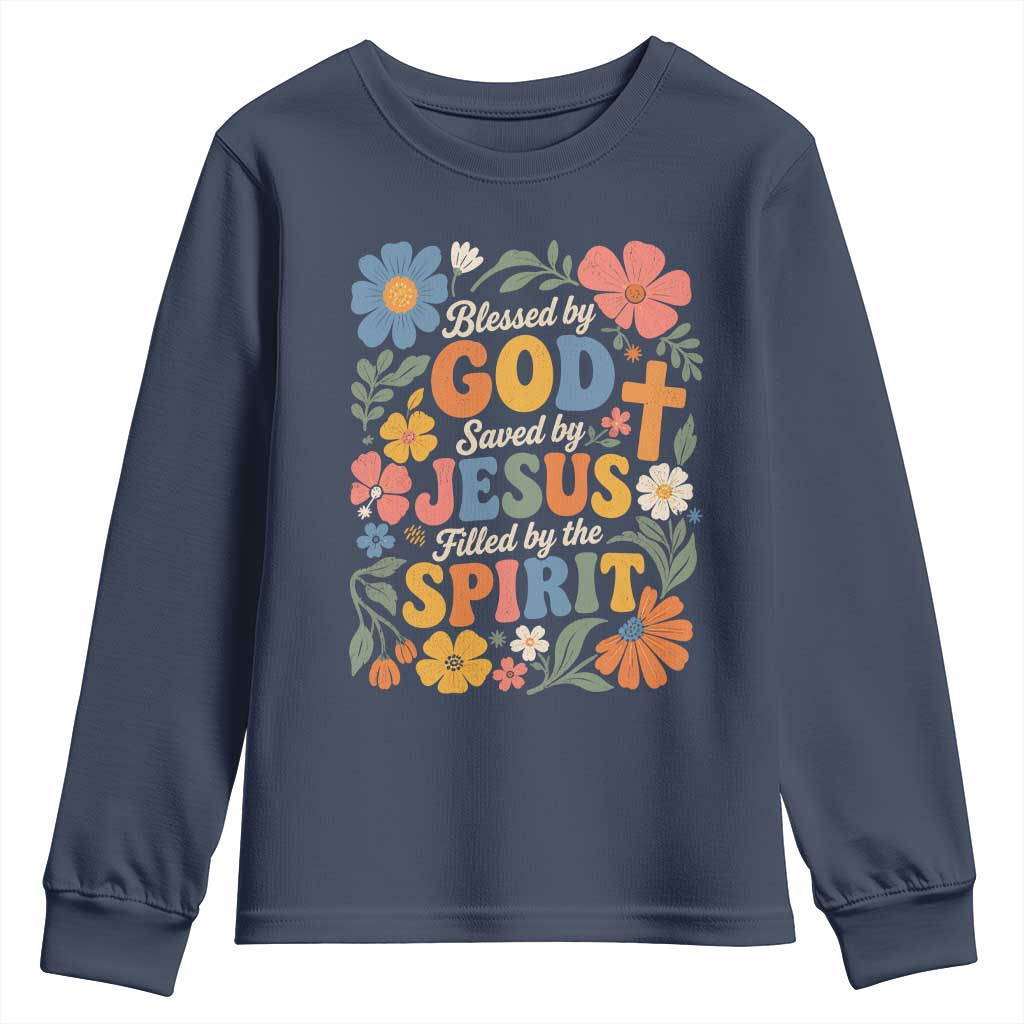 Boho Floral Christian Youth Sweatshirt Blessed Saved By Jesus Cross Flower