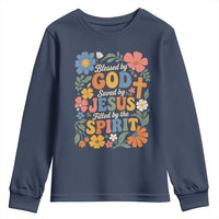 Boho Floral Christian Youth Sweatshirt Blessed Saved By Jesus Cross Flower