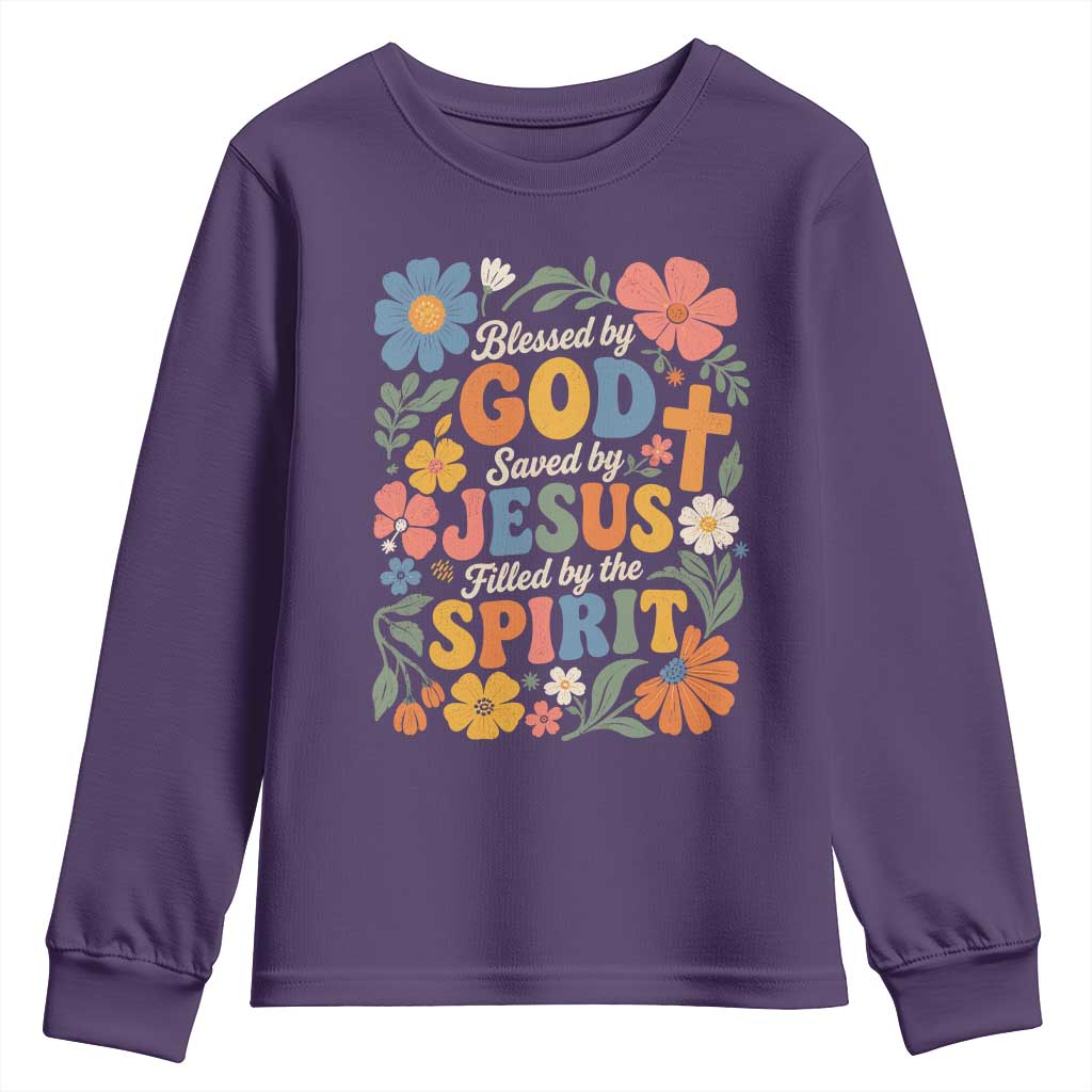 Boho Floral Christian Youth Sweatshirt Blessed Saved By Jesus Cross Flower