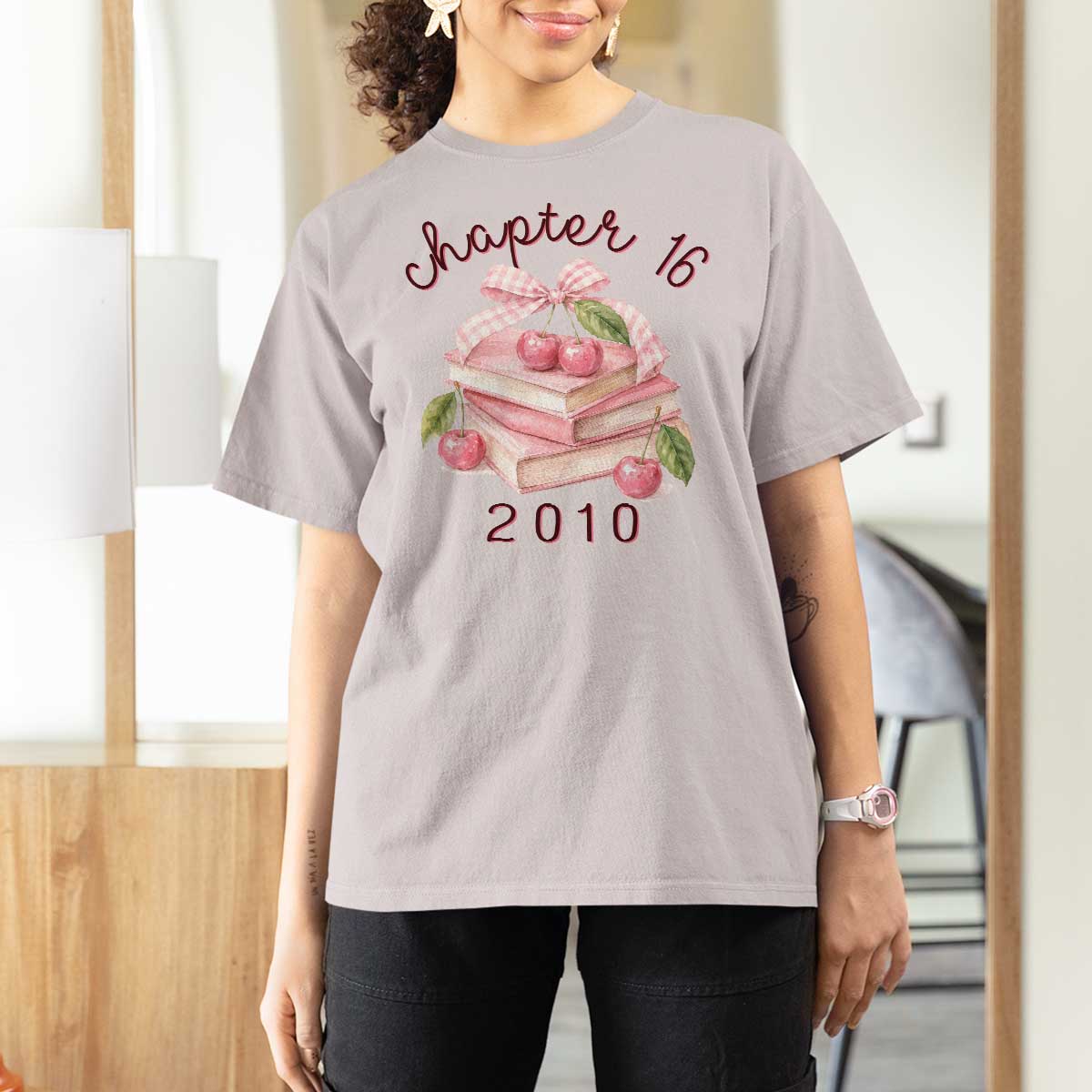 Sweet Chapter 16 Birthday T Shirt For Women Cherry Books 16th Birthday Gifts For Her Book Lover
