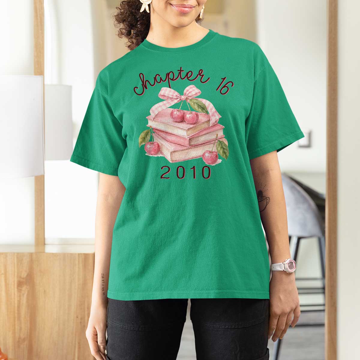 Sweet Chapter 16 Birthday T Shirt For Women Cherry Books 16th Birthday Gifts For Her Book Lover