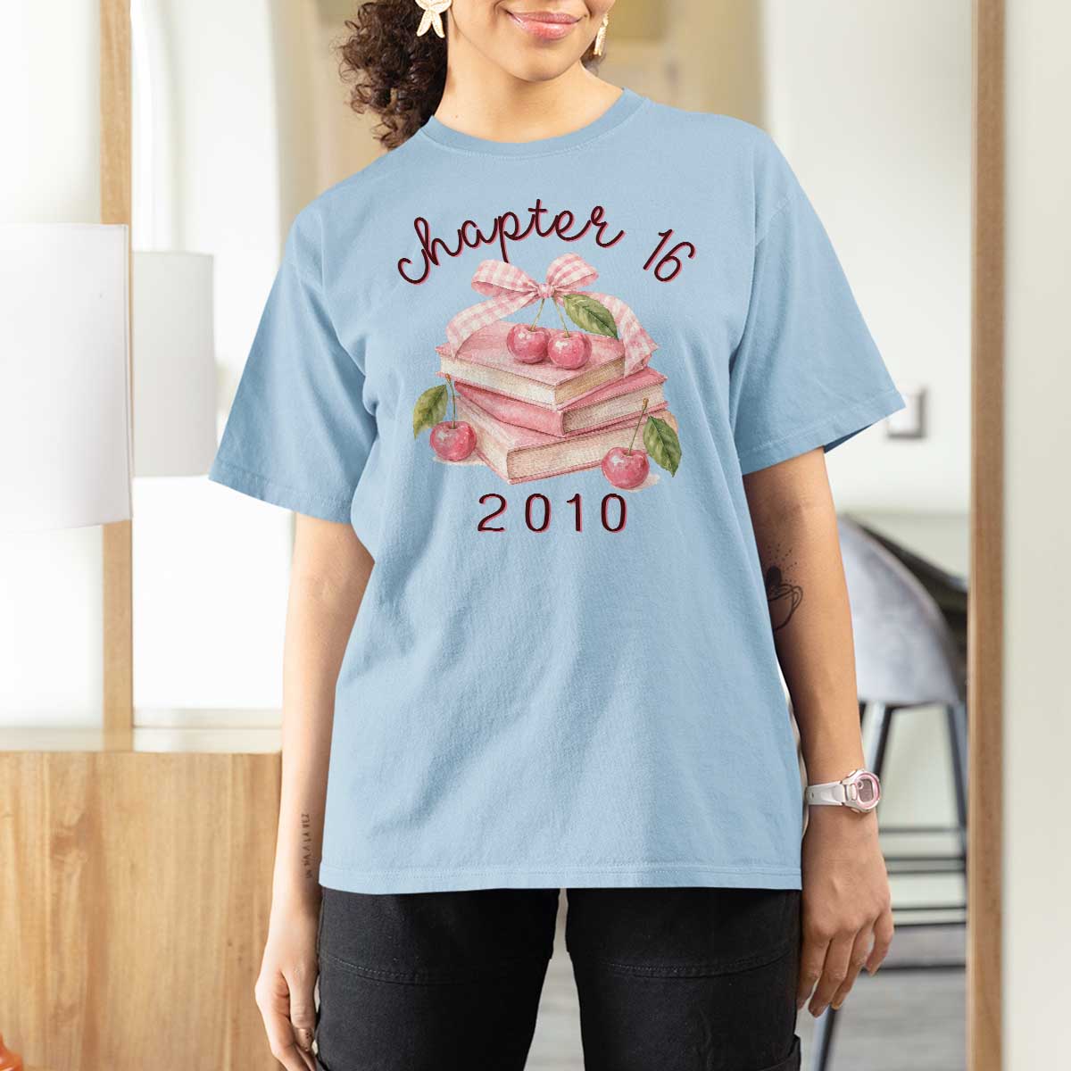 Sweet Chapter 16 Birthday T Shirt For Women Cherry Books 16th Birthday Gifts For Her Book Lover