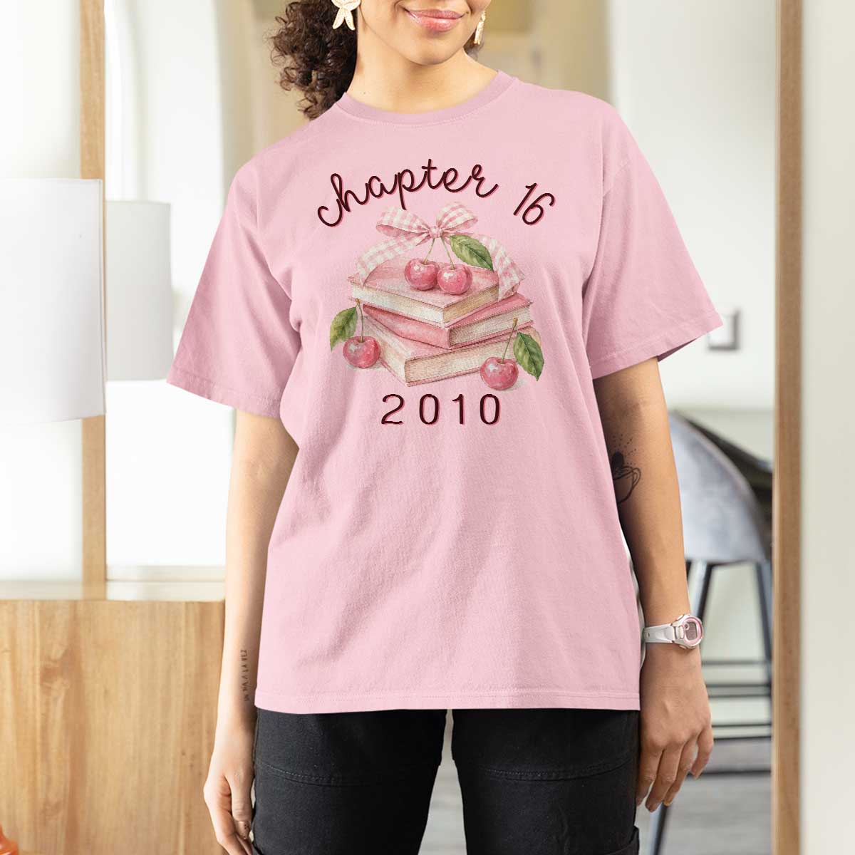 Sweet Chapter 16 Birthday T Shirt For Women Cherry Books 16th Birthday Gifts For Her Book Lover
