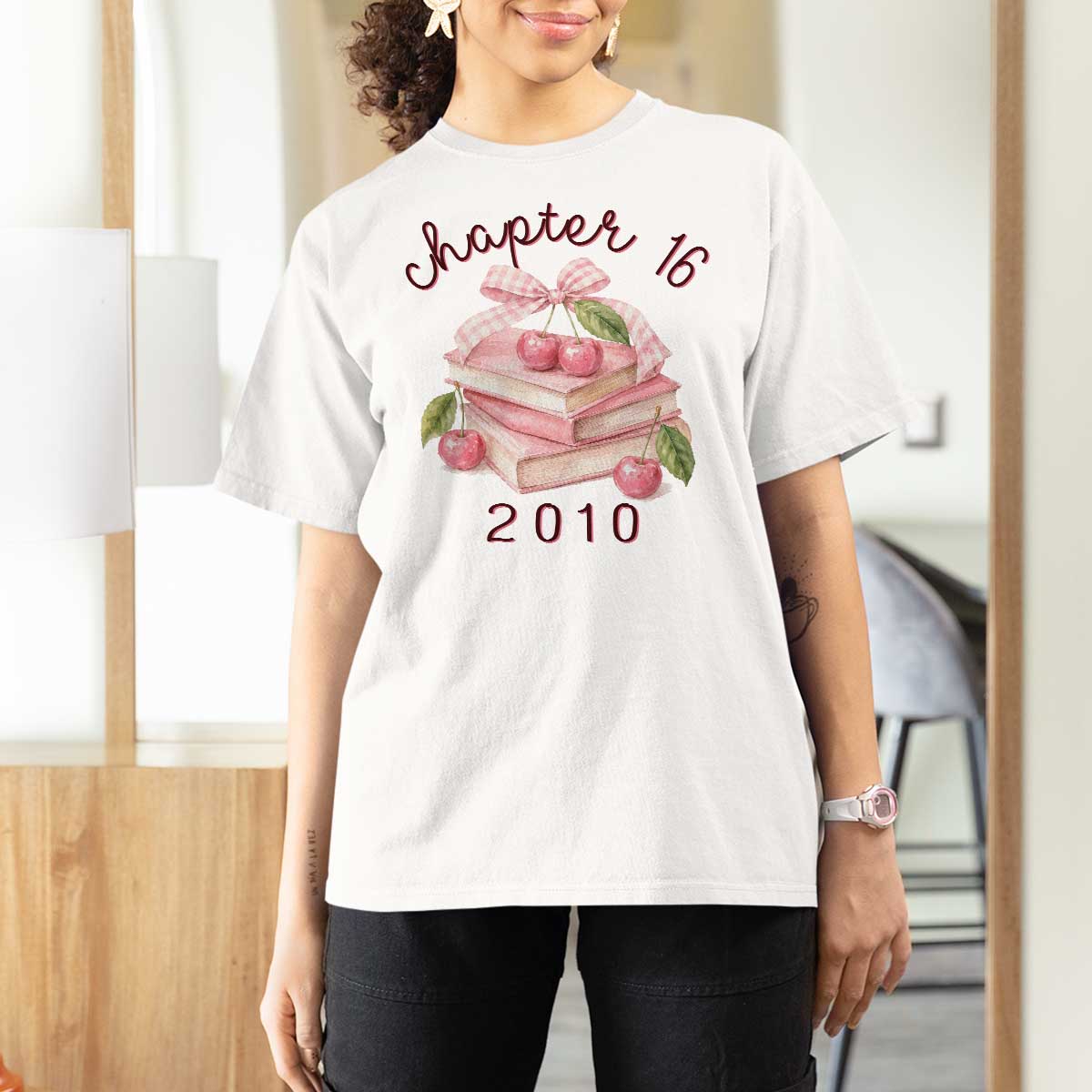 Sweet Chapter 16 Birthday T Shirt For Women Cherry Books 16th Birthday Gifts For Her Book Lover