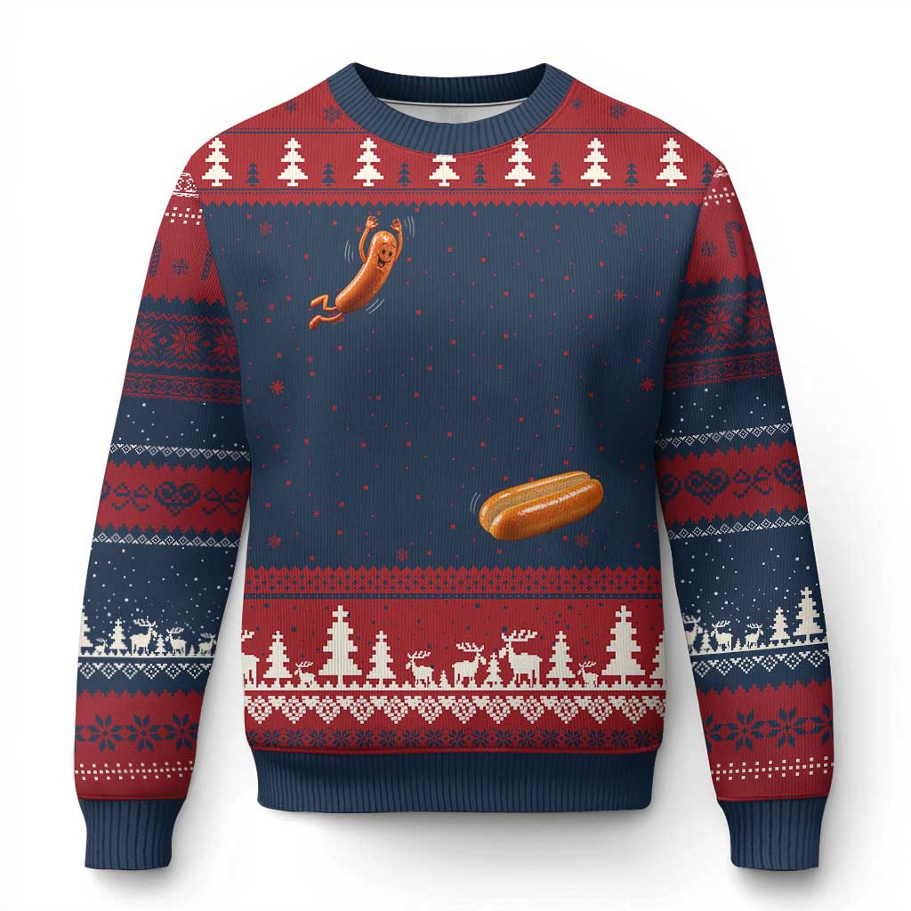 Funny Hot Dog Ugly Christmas Sweater Hotdog Jumping Into Bun Sausage BBQ Grilling High Dive