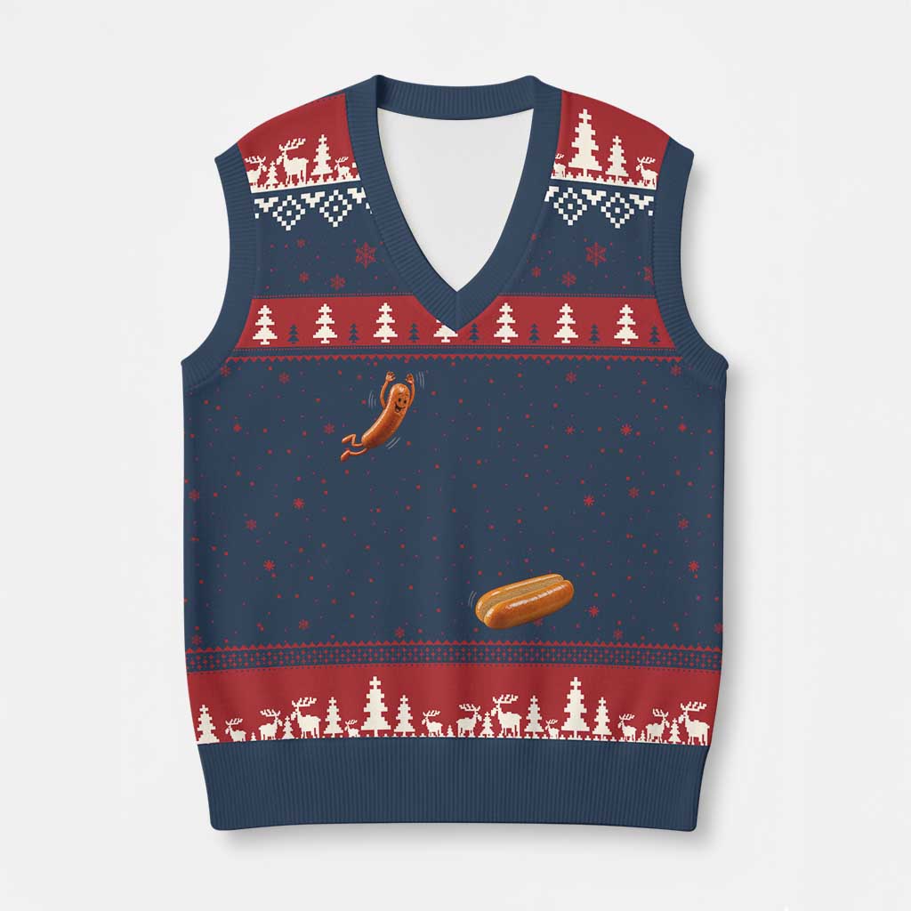 Funny Hot Dog V-Neck Knit Sweater Vest Hotdog Jumping Into Bun Sausage BBQ Grilling High Dive