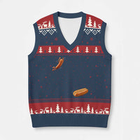 Funny Hot Dog V-Neck Knit Sweater Vest Hotdog Jumping Into Bun Sausage BBQ Grilling High Dive