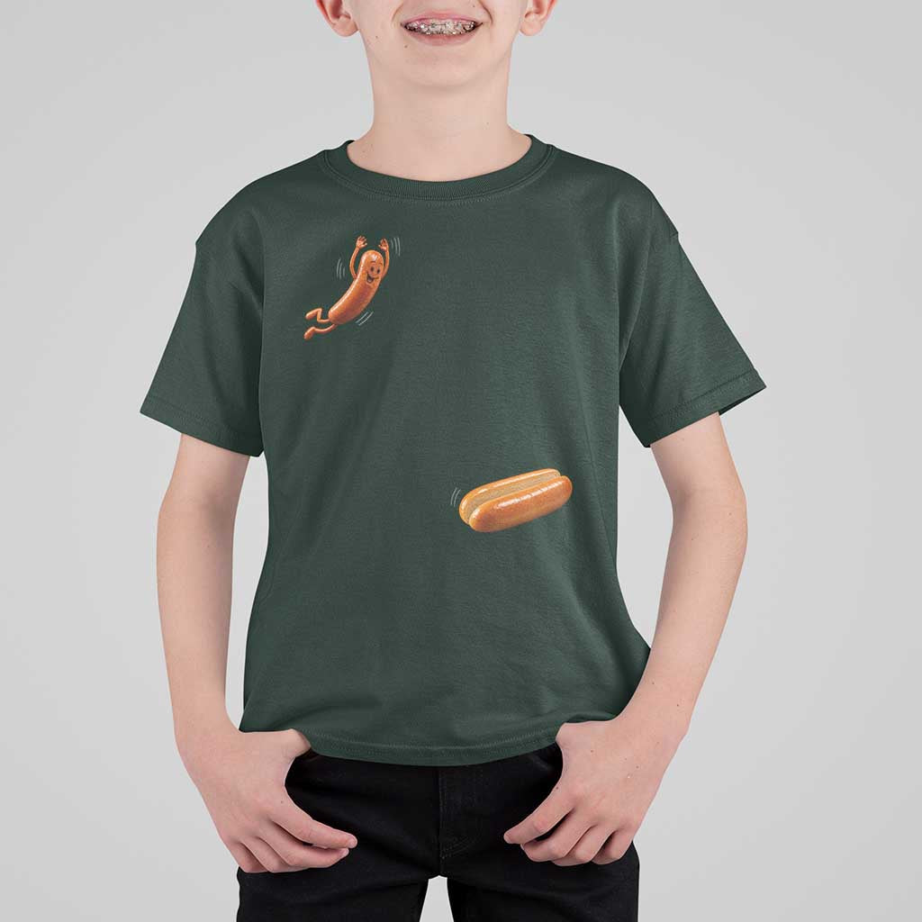 Funny Hot Dog T Shirt For Kid Hotdog Jumping Into Bun Sausage BBQ Grilling High Dive