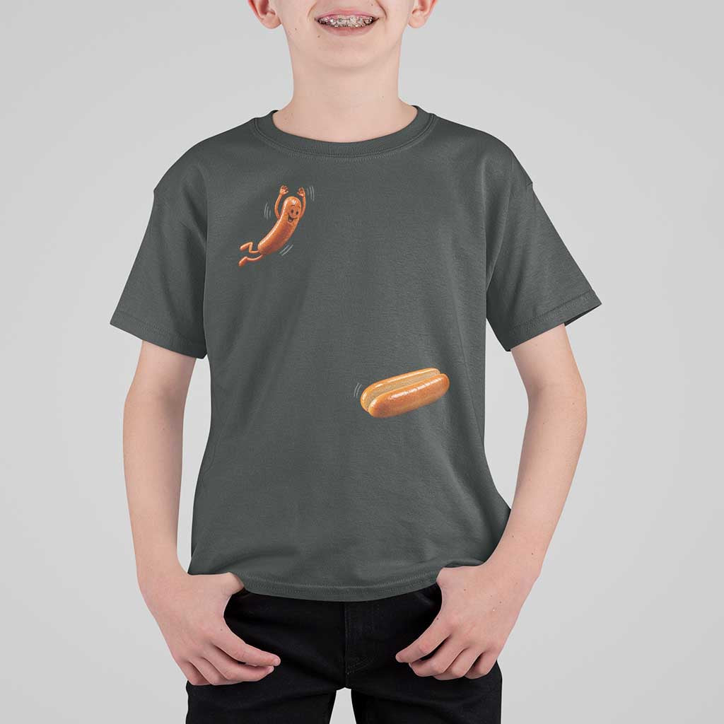Funny Hot Dog T Shirt For Kid Hotdog Jumping Into Bun Sausage BBQ Grilling High Dive