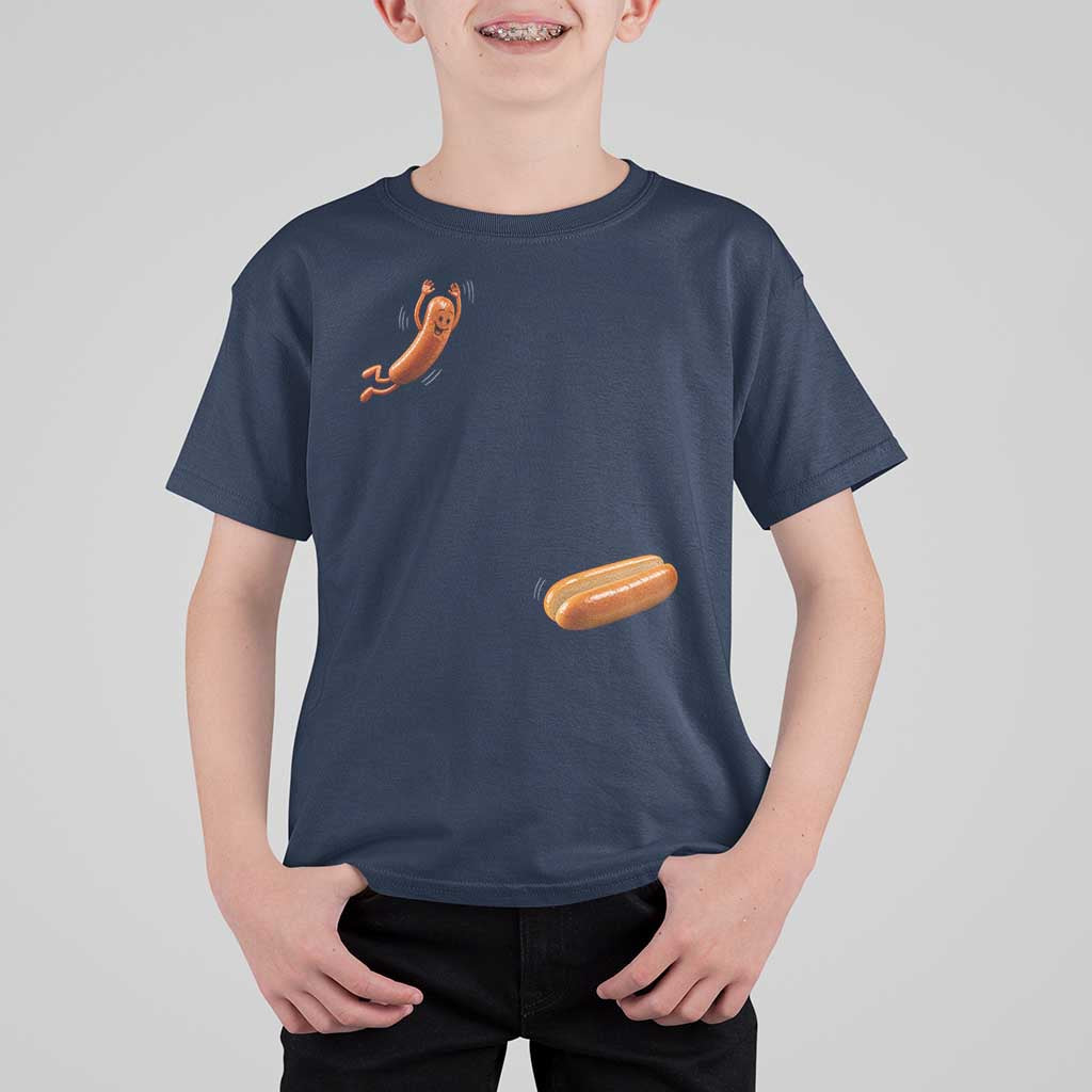 Funny Hot Dog T Shirt For Kid Hotdog Jumping Into Bun Sausage BBQ Grilling High Dive
