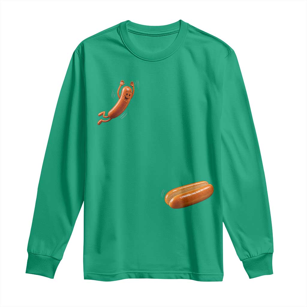 Funny Hot Dog Long Sleeve Shirt Hotdog Jumping Into Bun Sausage BBQ Grilling High Dive