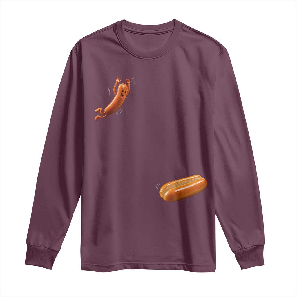 Funny Hot Dog Long Sleeve Shirt Hotdog Jumping Into Bun Sausage BBQ Grilling High Dive