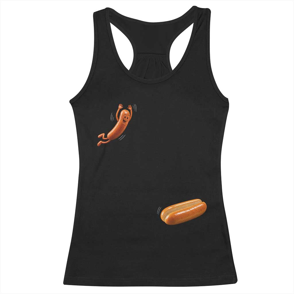 Funny Hot Dog Racerback Tank Top Hotdog Jumping Into Bun Sausage BBQ Grilling High Dive