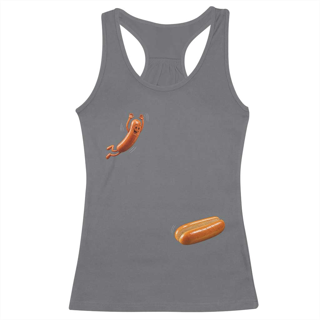 Funny Hot Dog Racerback Tank Top Hotdog Jumping Into Bun Sausage BBQ Grilling High Dive