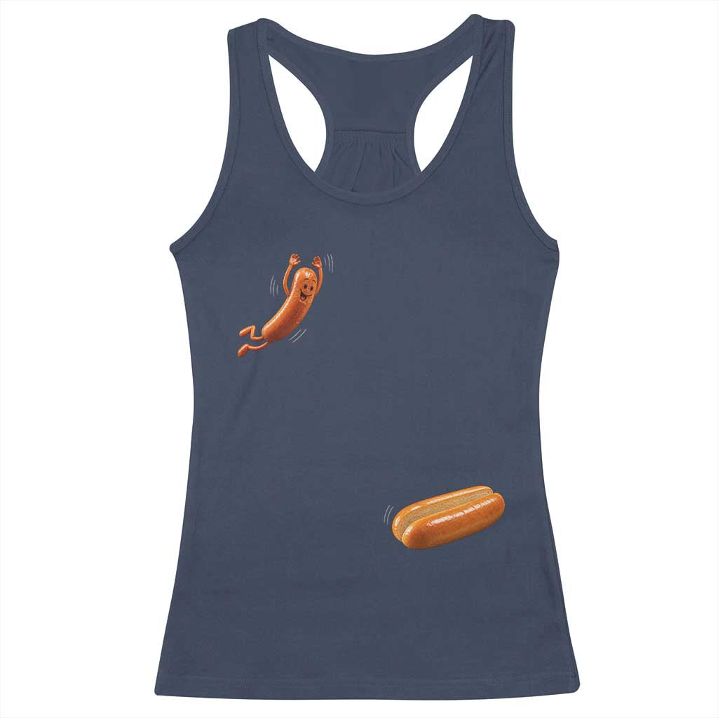 Funny Hot Dog Racerback Tank Top Hotdog Jumping Into Bun Sausage BBQ Grilling High Dive