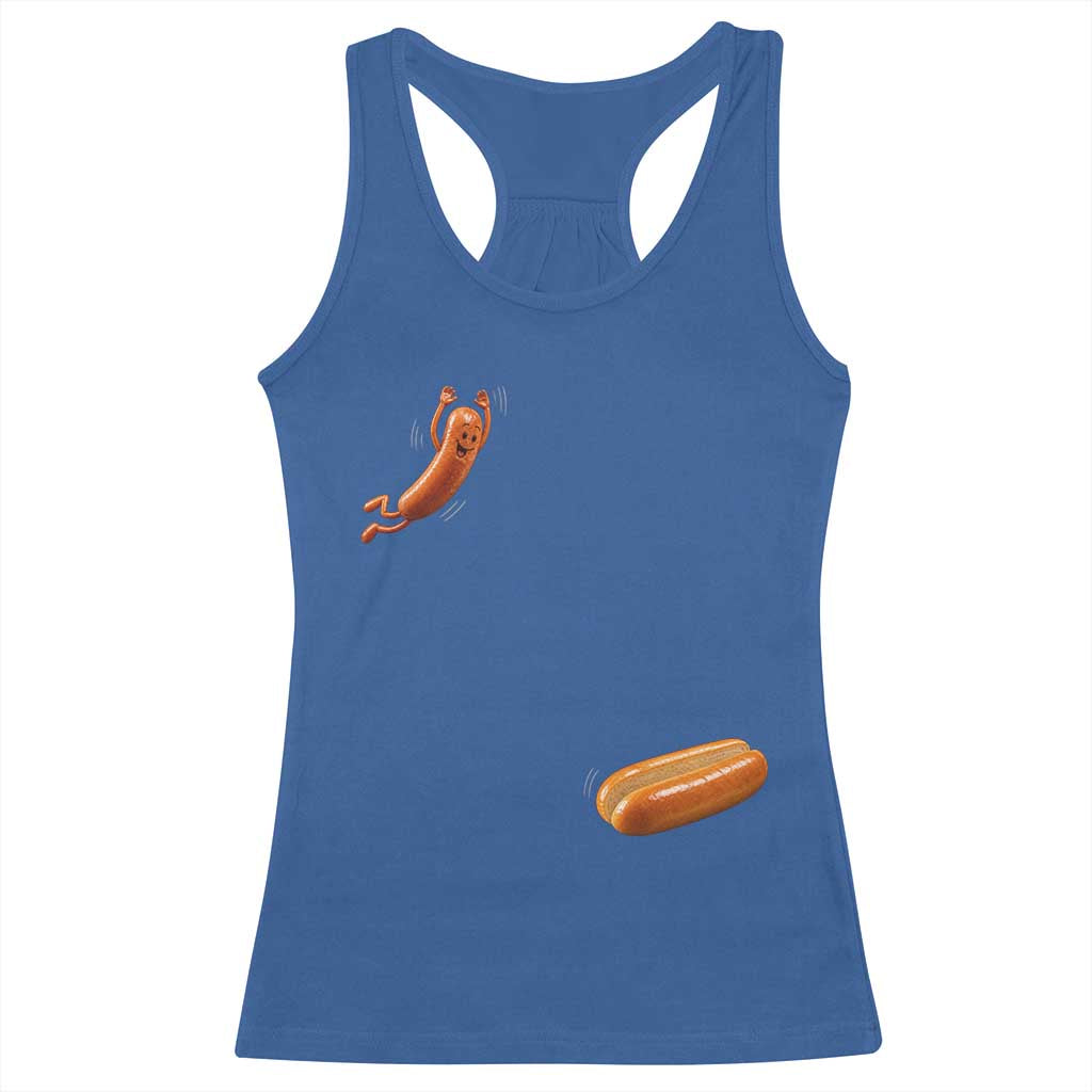 Funny Hot Dog Racerback Tank Top Hotdog Jumping Into Bun Sausage BBQ Grilling High Dive