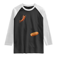Funny Hot Dog Raglan Shirt Hotdog Jumping Into Bun Sausage BBQ Grilling High Dive