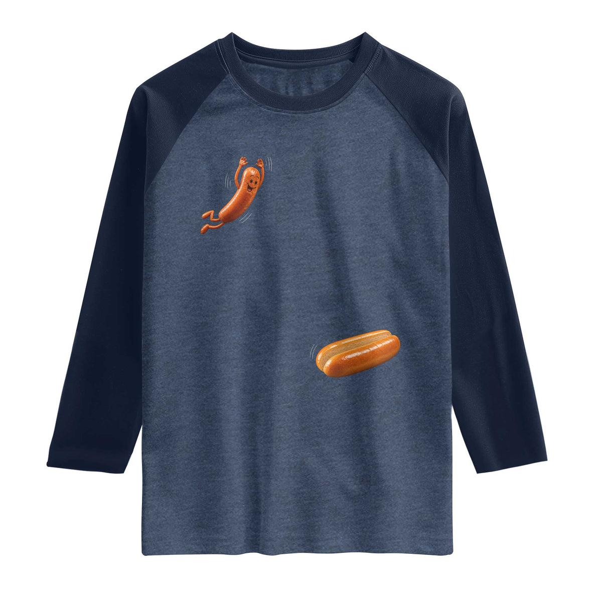 Funny Hot Dog Raglan Shirt Hotdog Jumping Into Bun Sausage BBQ Grilling High Dive