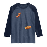 Funny Hot Dog Raglan Shirt Hotdog Jumping Into Bun Sausage BBQ Grilling High Dive