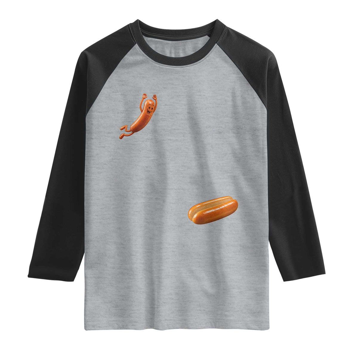 Funny Hot Dog Raglan Shirt Hotdog Jumping Into Bun Sausage BBQ Grilling High Dive