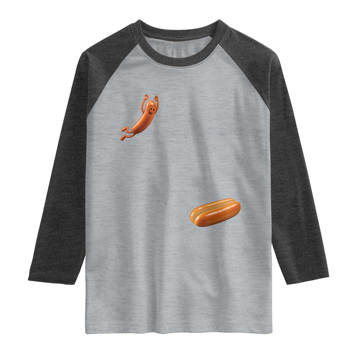 Funny Hot Dog Raglan Shirt Hotdog Jumping Into Bun Sausage BBQ Grilling High Dive