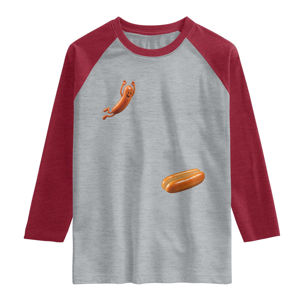 Funny Hot Dog Raglan Shirt Hotdog Jumping Into Bun Sausage BBQ Grilling High Dive
