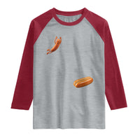 Funny Hot Dog Raglan Shirt Hotdog Jumping Into Bun Sausage BBQ Grilling High Dive