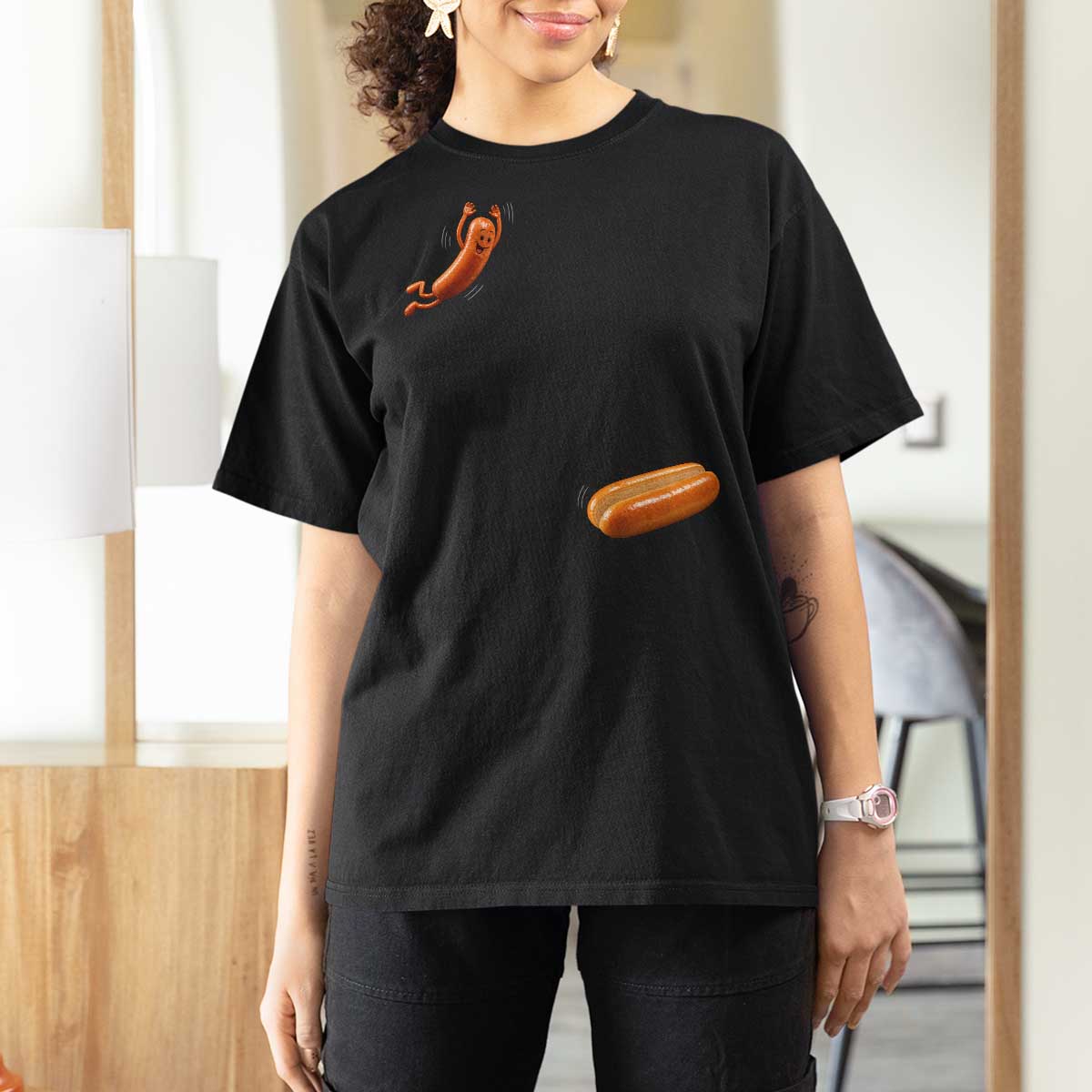 Funny Hot Dog T Shirt For Women Hotdog Jumping Into Bun Sausage BBQ Grilling High Dive