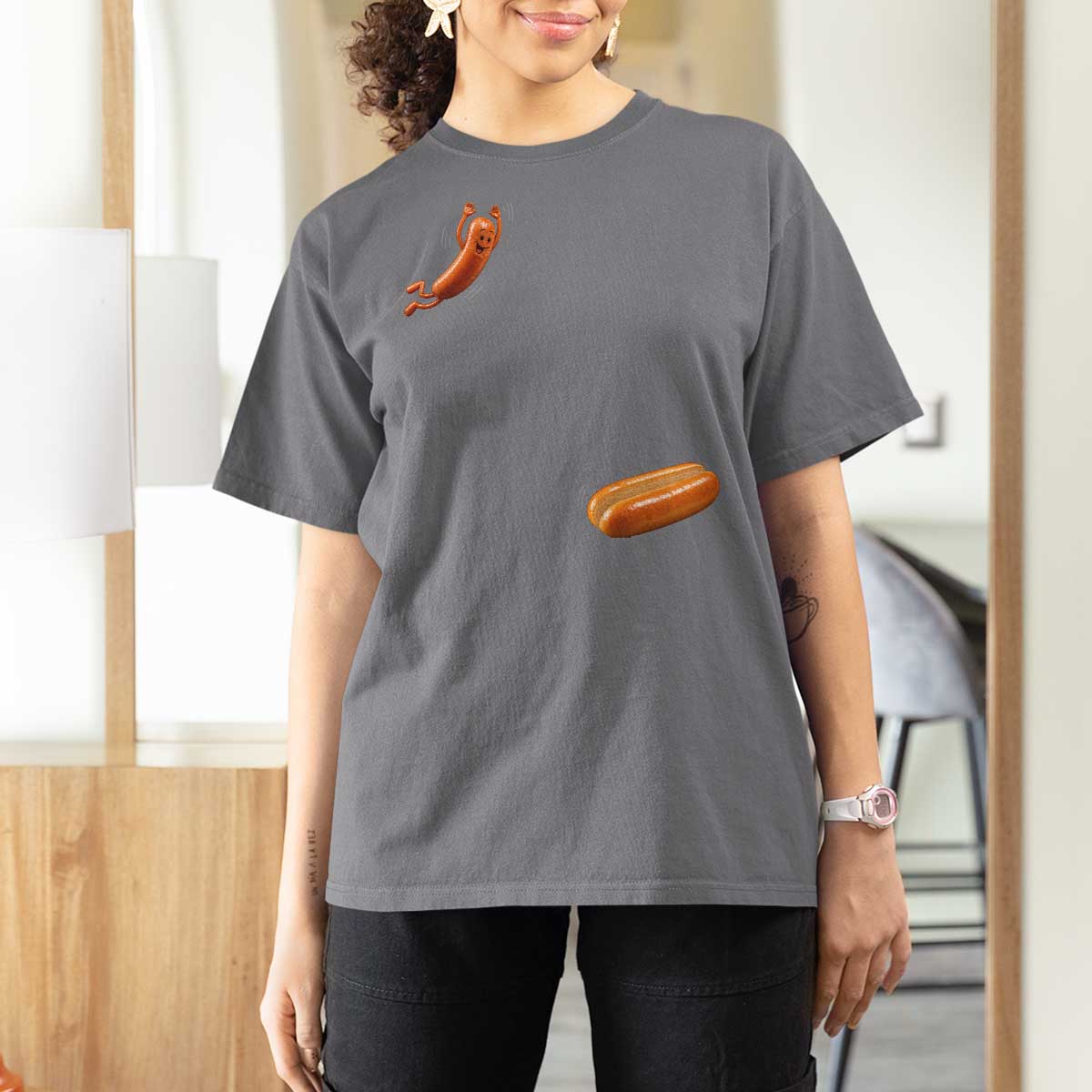 Funny Hot Dog T Shirt For Women Hotdog Jumping Into Bun Sausage BBQ Grilling High Dive