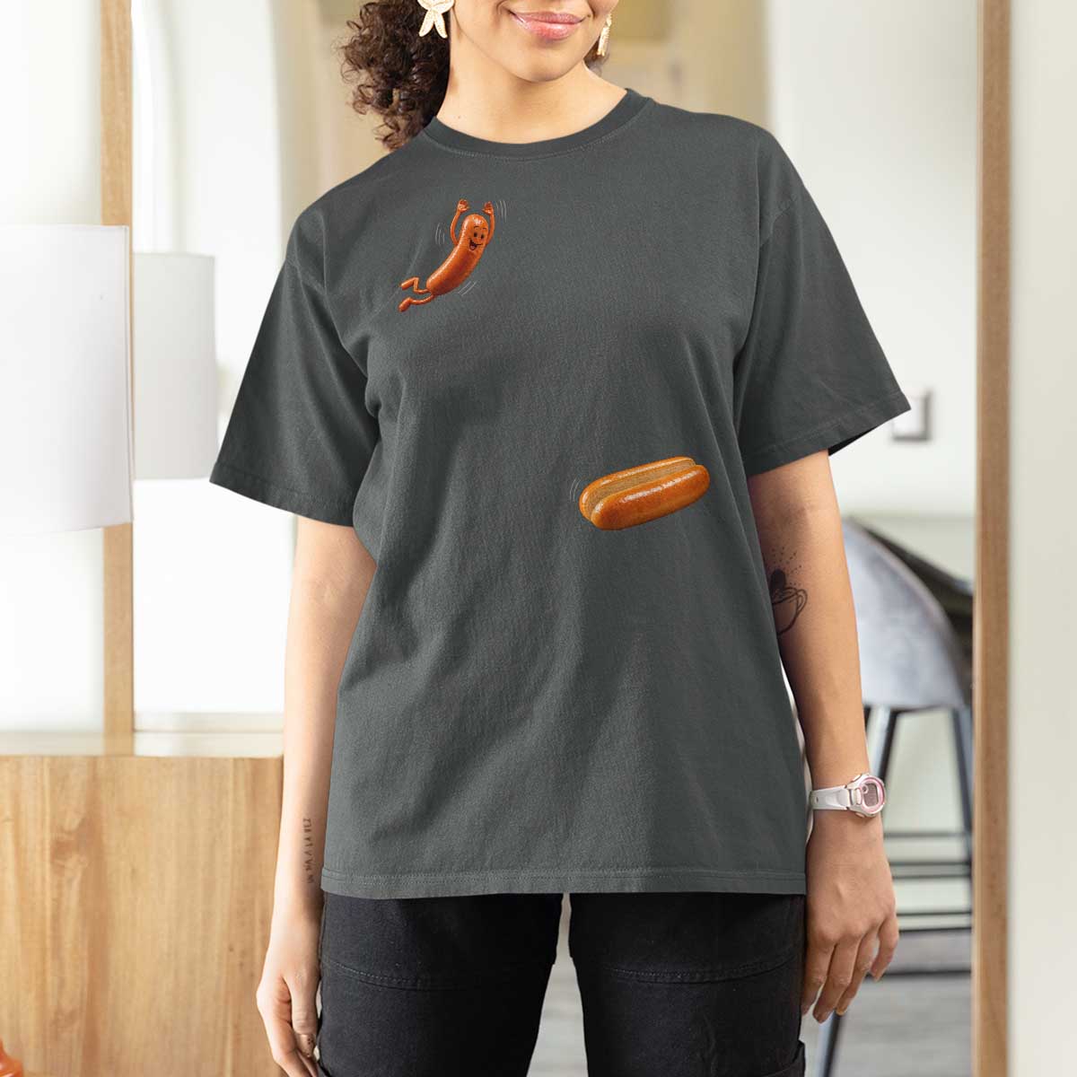 Funny Hot Dog T Shirt For Women Hotdog Jumping Into Bun Sausage BBQ Grilling High Dive