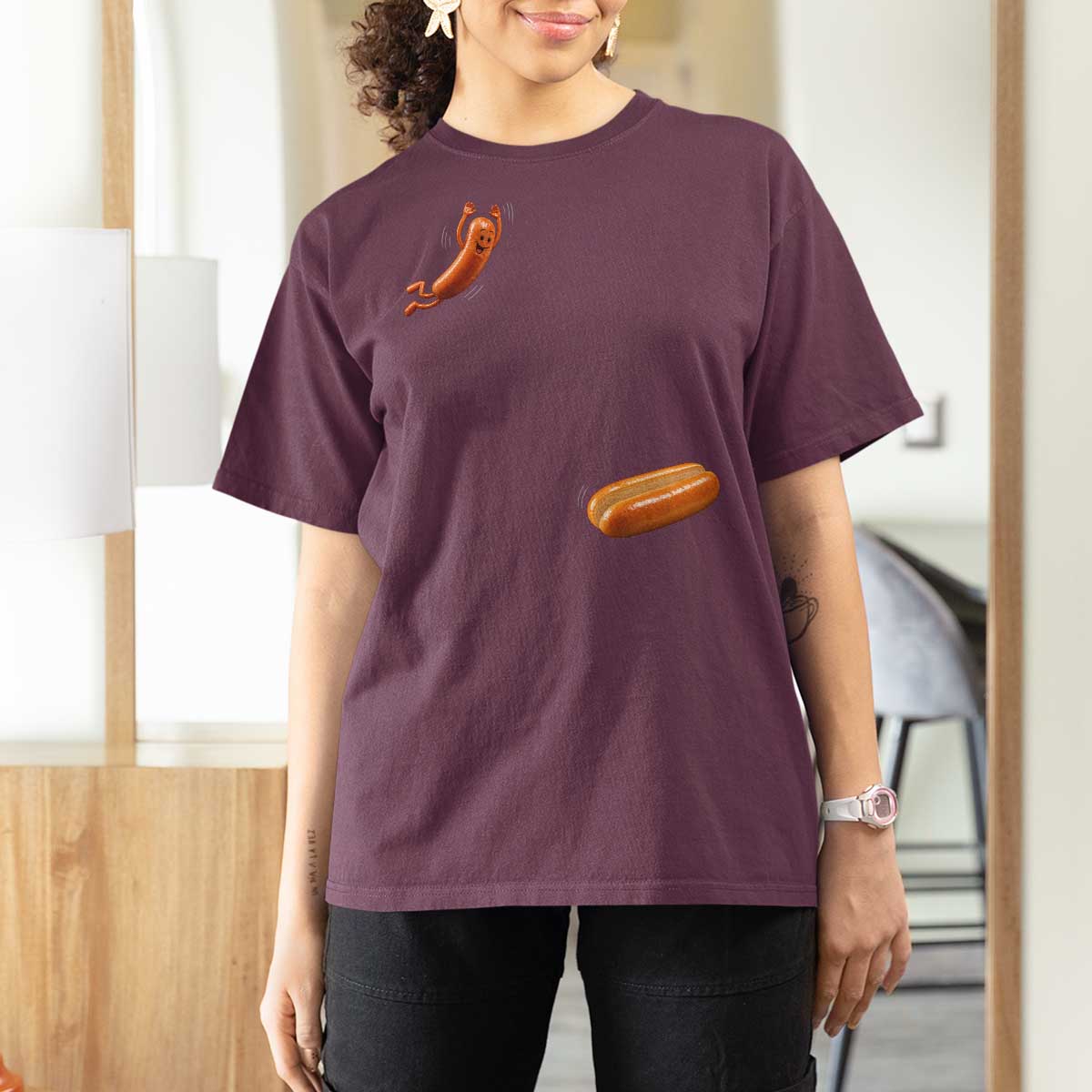 Funny Hot Dog T Shirt For Women Hotdog Jumping Into Bun Sausage BBQ Grilling High Dive