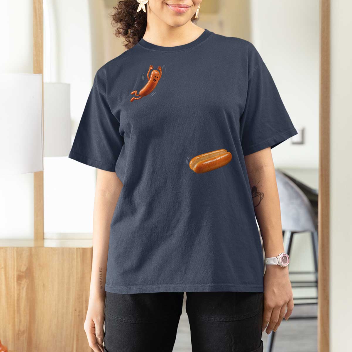 Funny Hot Dog T Shirt For Women Hotdog Jumping Into Bun Sausage BBQ Grilling High Dive