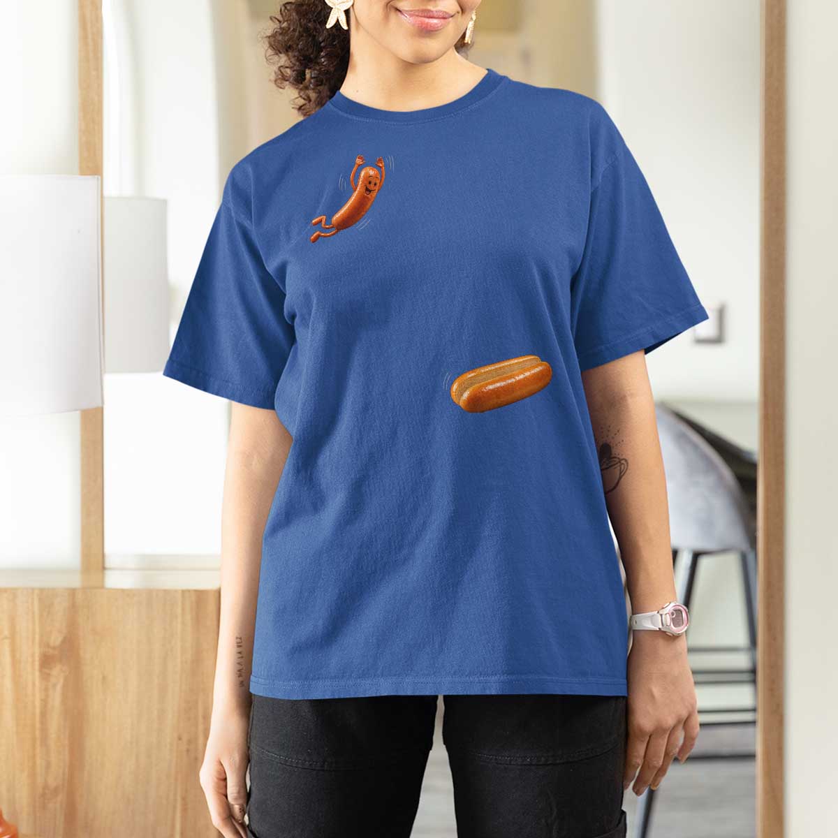 Funny Hot Dog T Shirt For Women Hotdog Jumping Into Bun Sausage BBQ Grilling High Dive