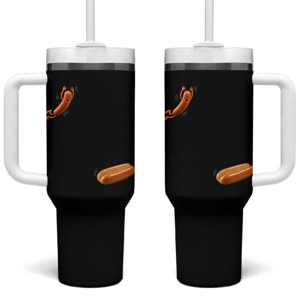 Funny Hot Dog Tumbler With Handle Hotdog Jumping Into Bun Sausage BBQ Grilling High Dive