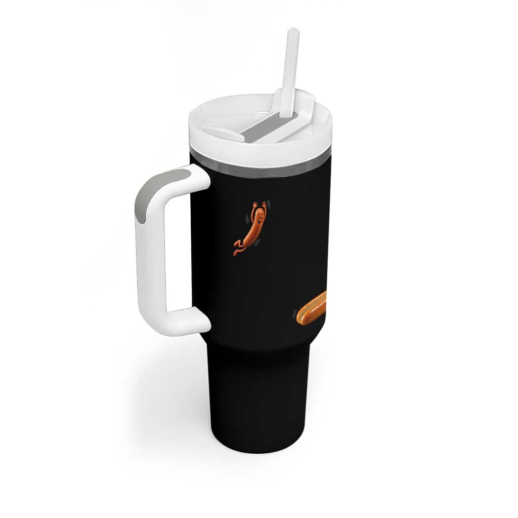 Funny Hot Dog Tumbler With Handle Hotdog Jumping Into Bun Sausage BBQ Grilling High Dive