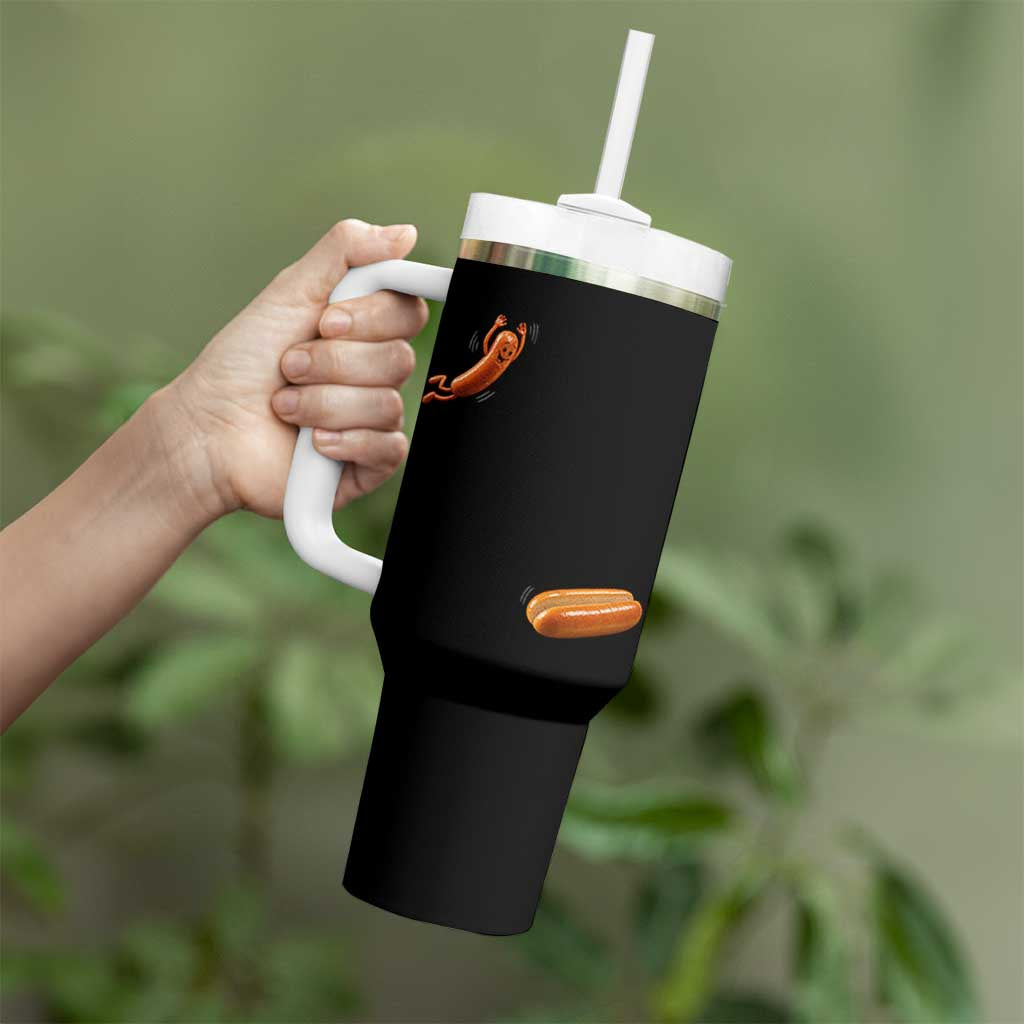 Funny Hot Dog Tumbler With Handle Hotdog Jumping Into Bun Sausage BBQ Grilling High Dive