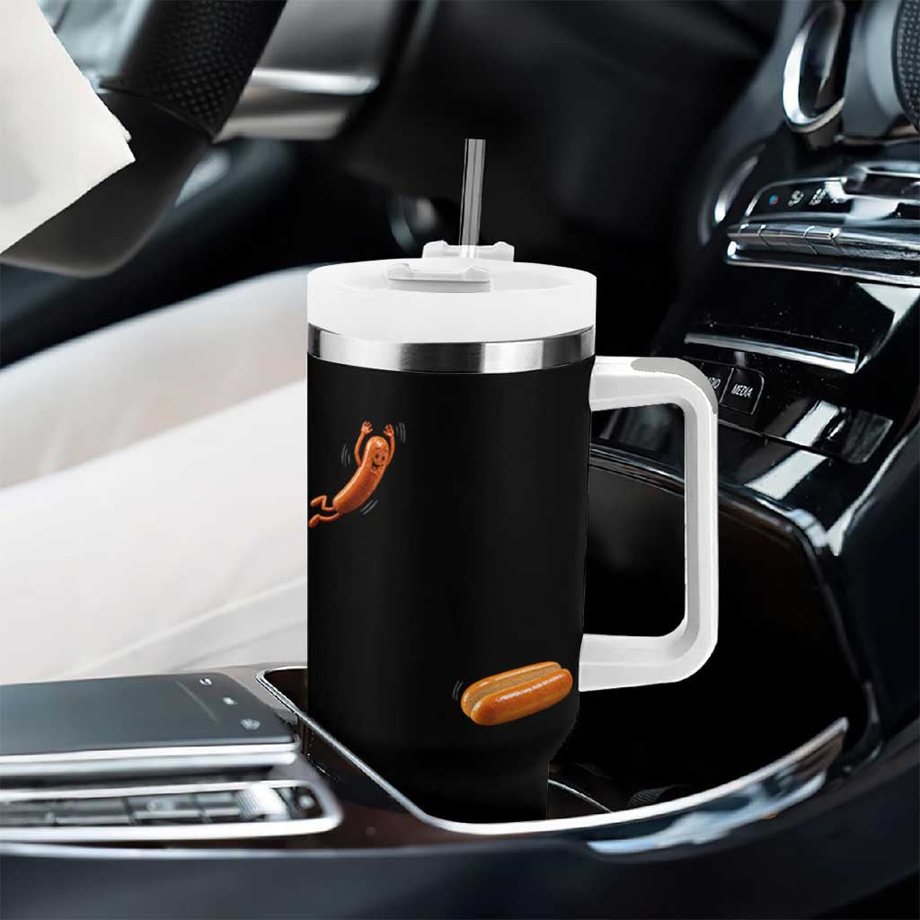 Funny Hot Dog Tumbler With Handle Hotdog Jumping Into Bun Sausage BBQ Grilling High Dive