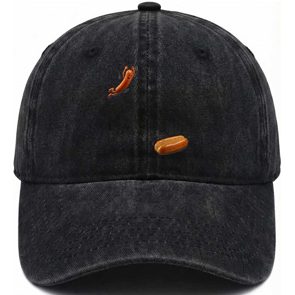 Funny Hot Dog Washed Cotton Baseball Cap Hotdog Jumping Into Bun Sausage BBQ Grilling High Dive