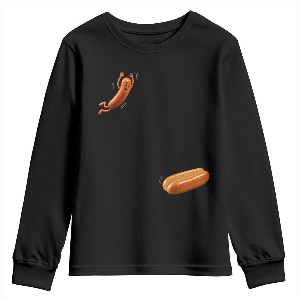 Funny Hot Dog Youth Sweatshirt Hotdog Jumping Into Bun Sausage BBQ Grilling High Dive